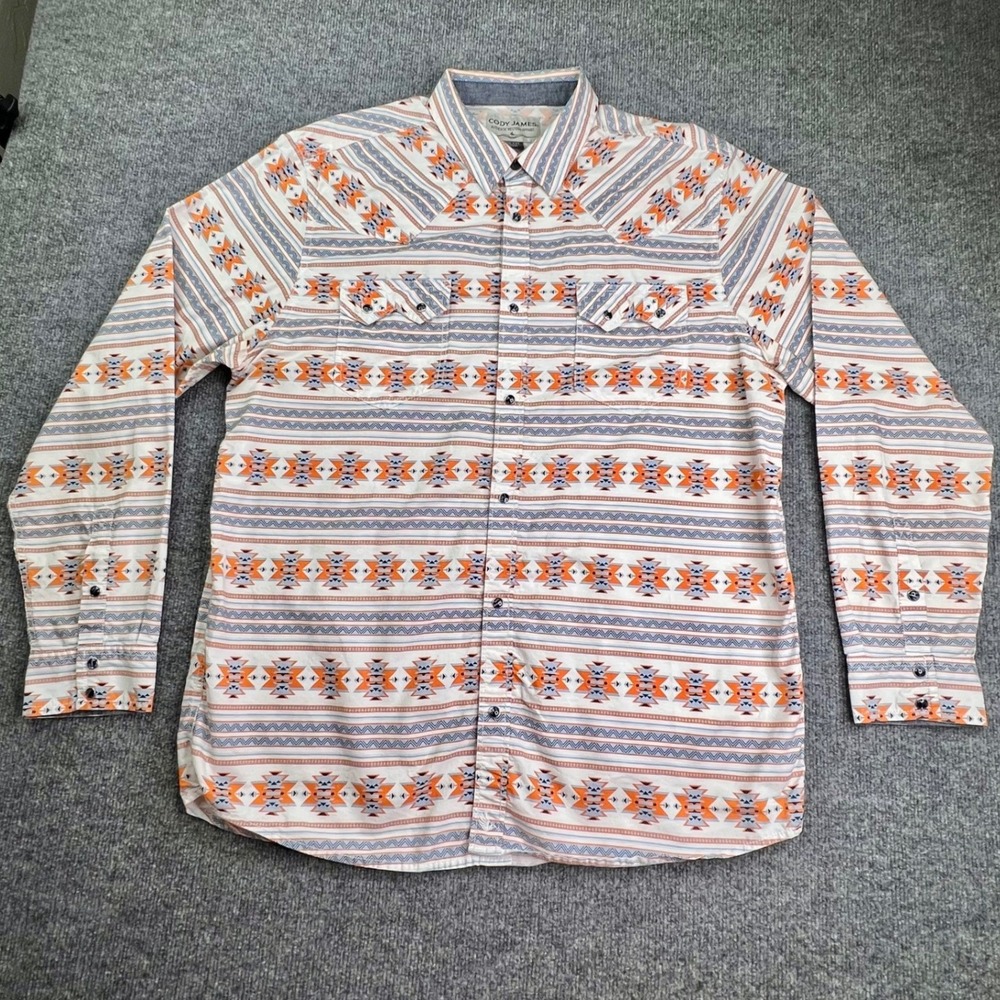 Cody James Western Shirt Mens XXL Orange Aztec Geometric Pearl Snap Long Sleeve